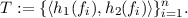 T :=  {⟨h  (f ),h (f)⟩}n  .
        1 i   2  i  i=1

